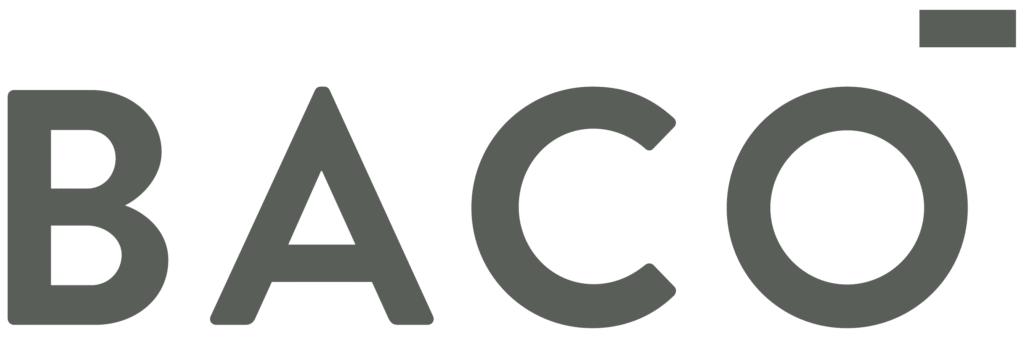 BACO logo in solid gray lettering on transparent background