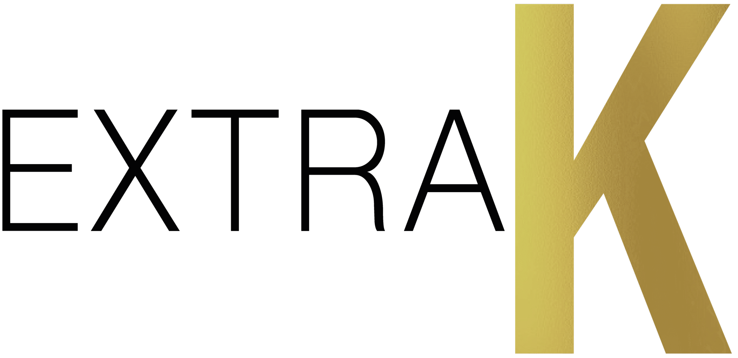 EXTRA K logo with black lettering and a gold stylized K on a transparent background