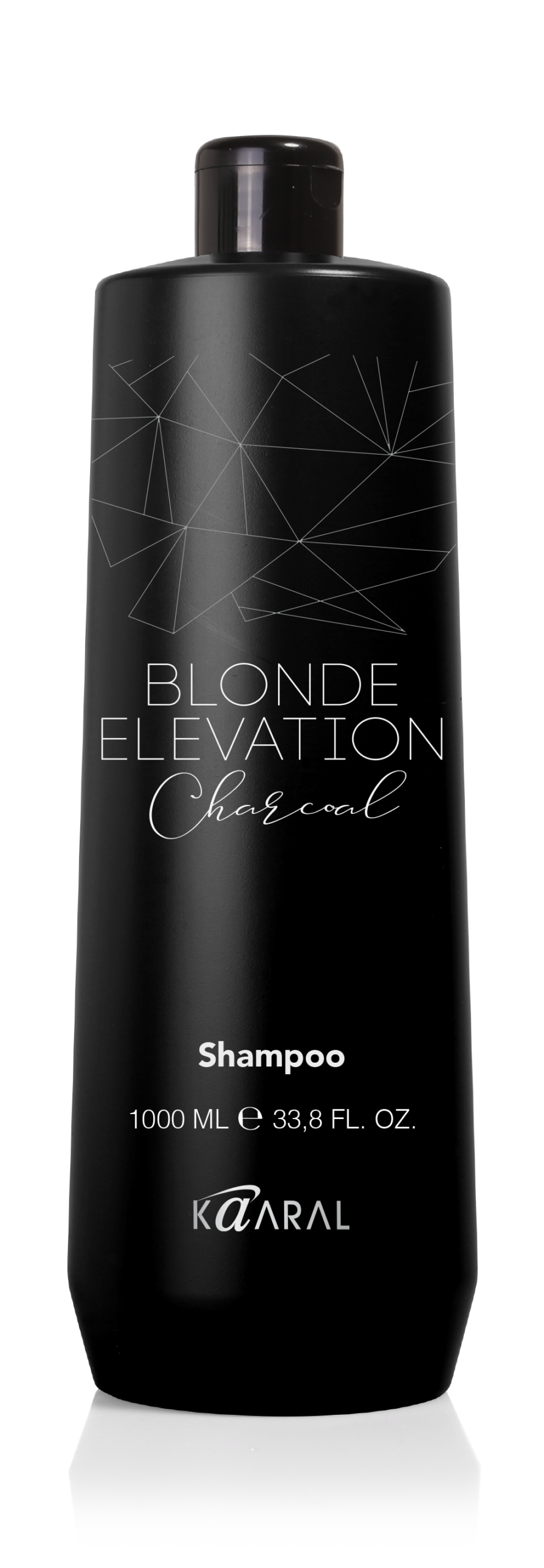 Black bottle of Kaaral Blonde Elevation Charcoal Shampoo on a transparent background