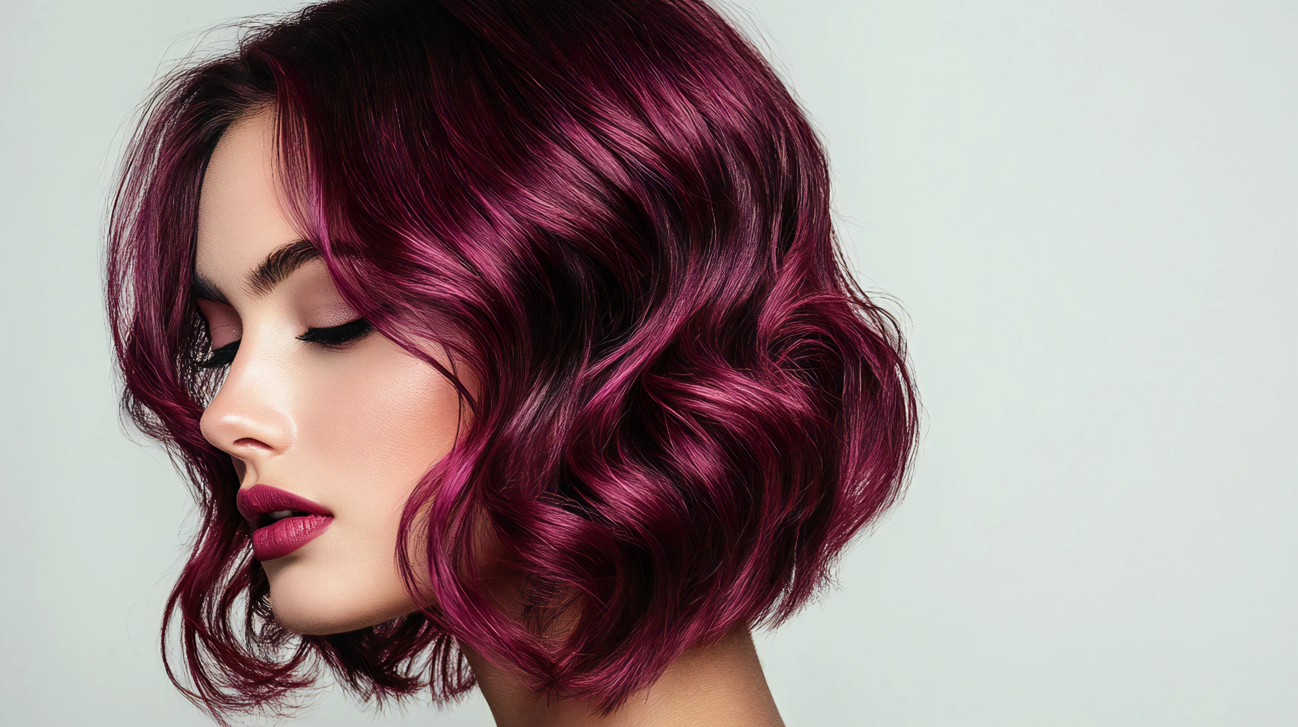 Side profile of a model with a short wavy bob haircut in deep magenta tones, showcasing glossy texture and defined waves on a light neutral background