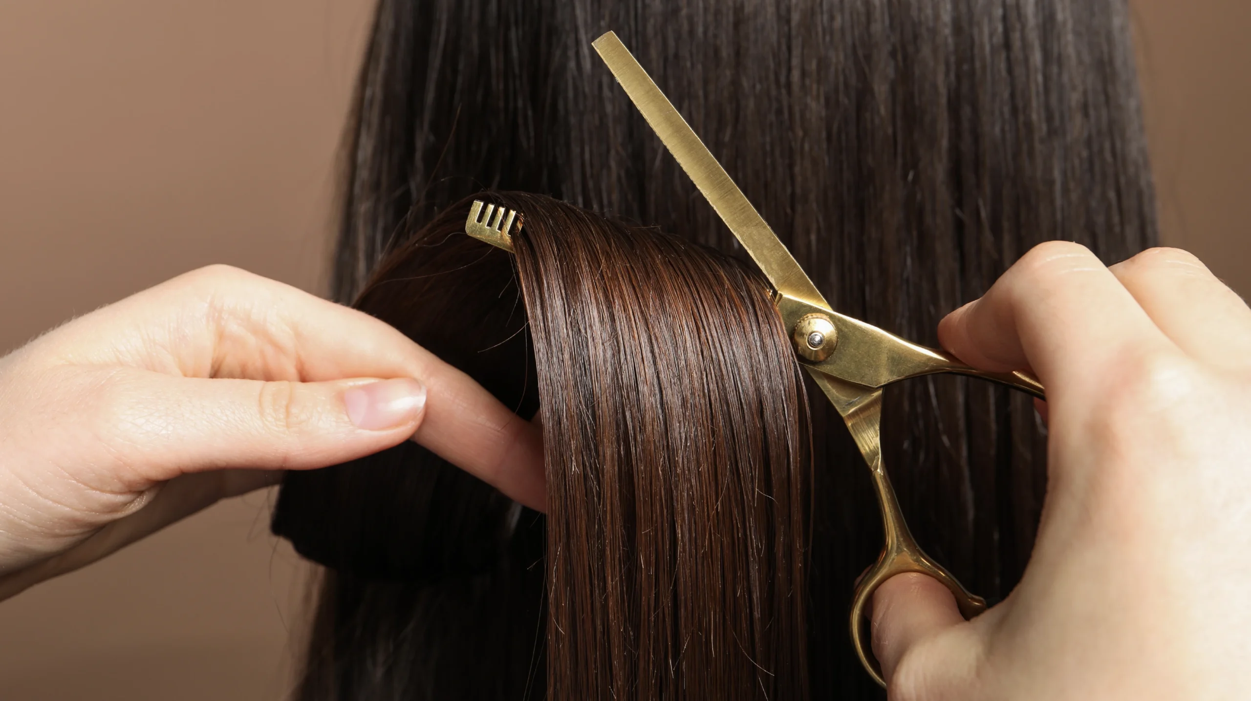Professional haircutting technique showing precise sectioning and cutting of smooth brown hair with scissors