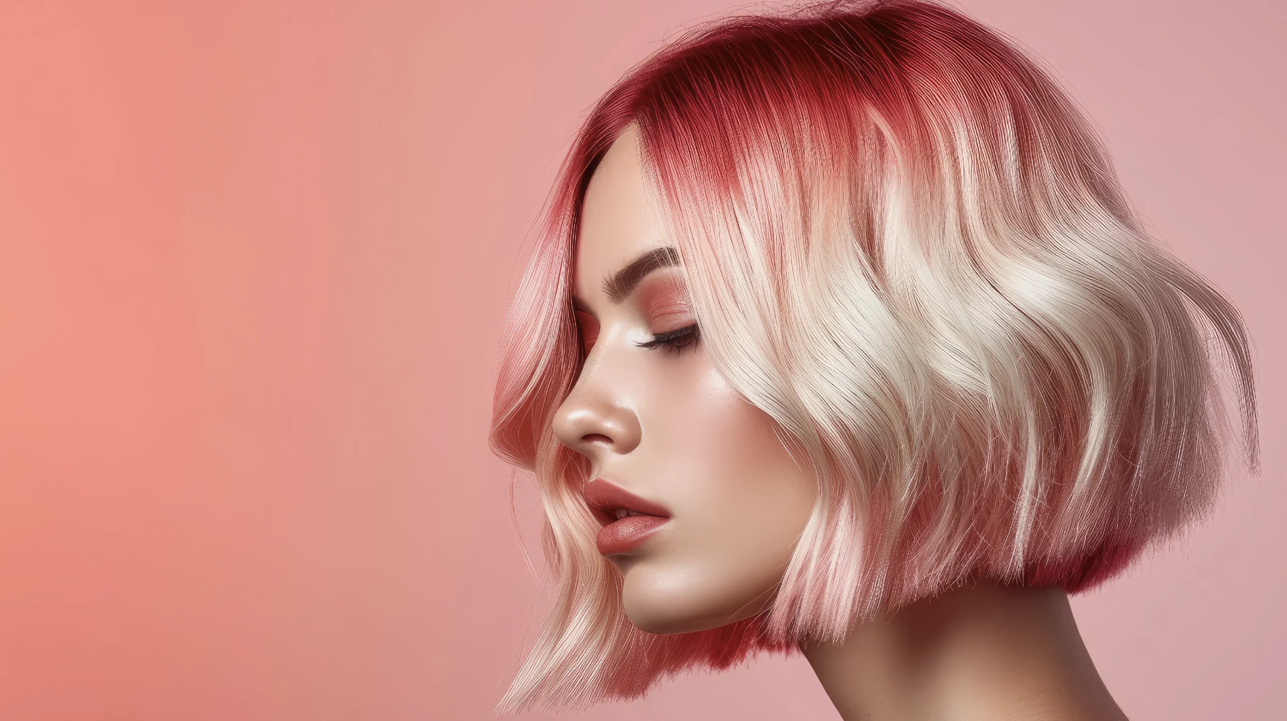 Profile portrait of a model with a short wavy bob haircut featuring pink and platinum blonde tones on a soft coral background