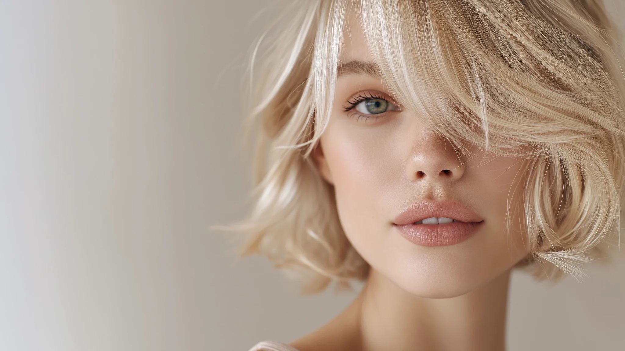 Close-up portrait of a woman with short wavy blonde hair partially covering one eye, light skin, and neutral makeup against a soft blurred background.