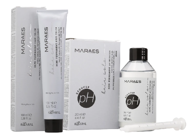 Set of Maraes demi permanent hair color products including tube, box, pH reducer bottle, and applicator on transparent background.