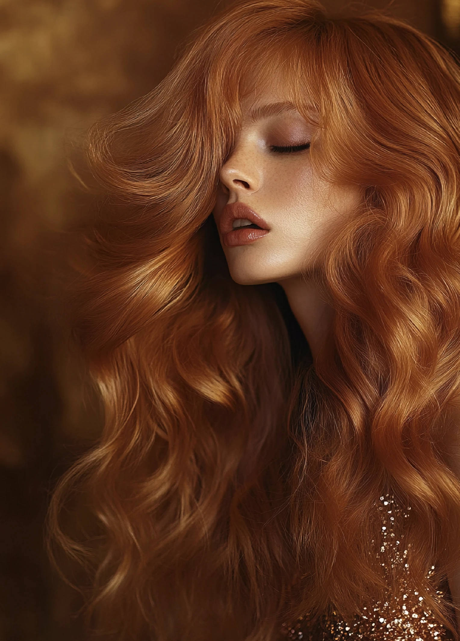 Close-up portrait of a woman with long voluminous wavy copper hair covering part of her face, with closed eyes and warm-toned makeup against a soft brown background.