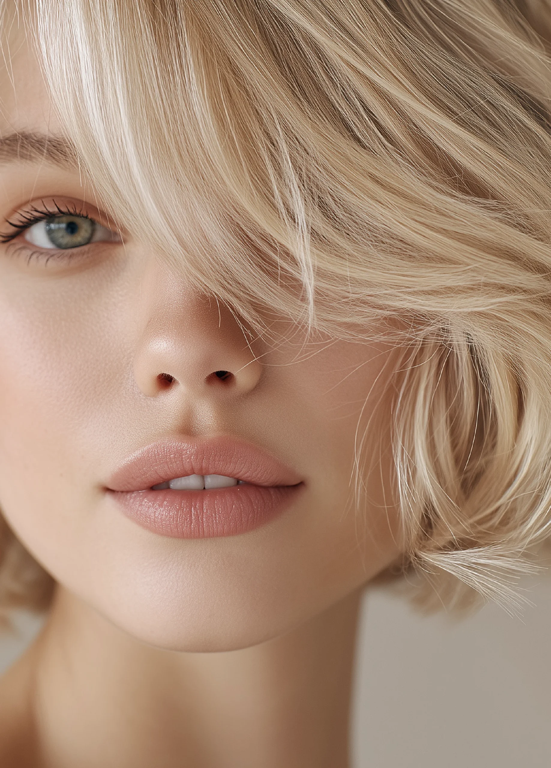 Close-up portrait of a woman with short blonde hair partially covering one eye and soft natural makeup