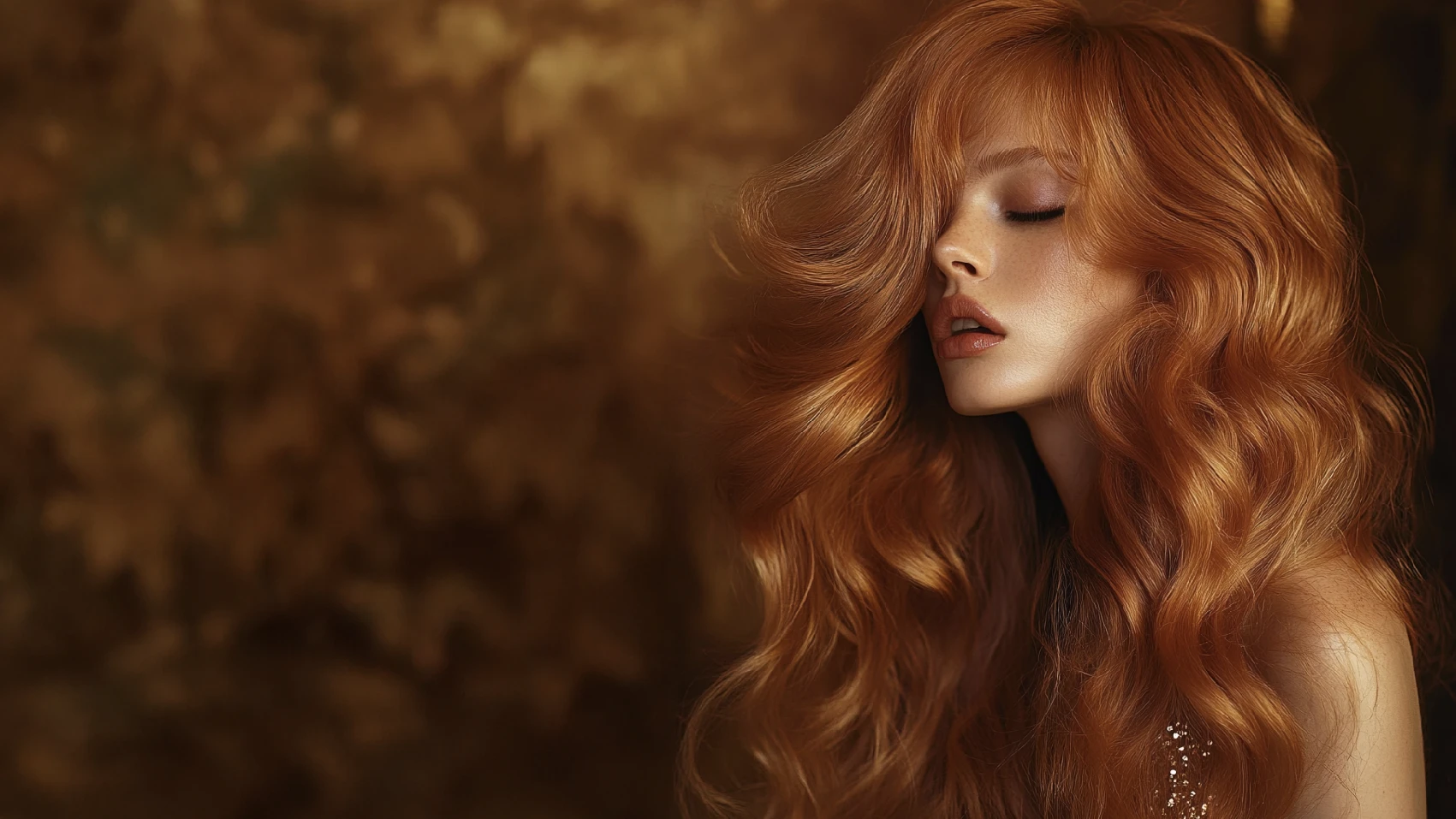 Close-up portrait of a woman with long voluminous copper hair styled in soft waves, eyes closed, against a warm blurred background.