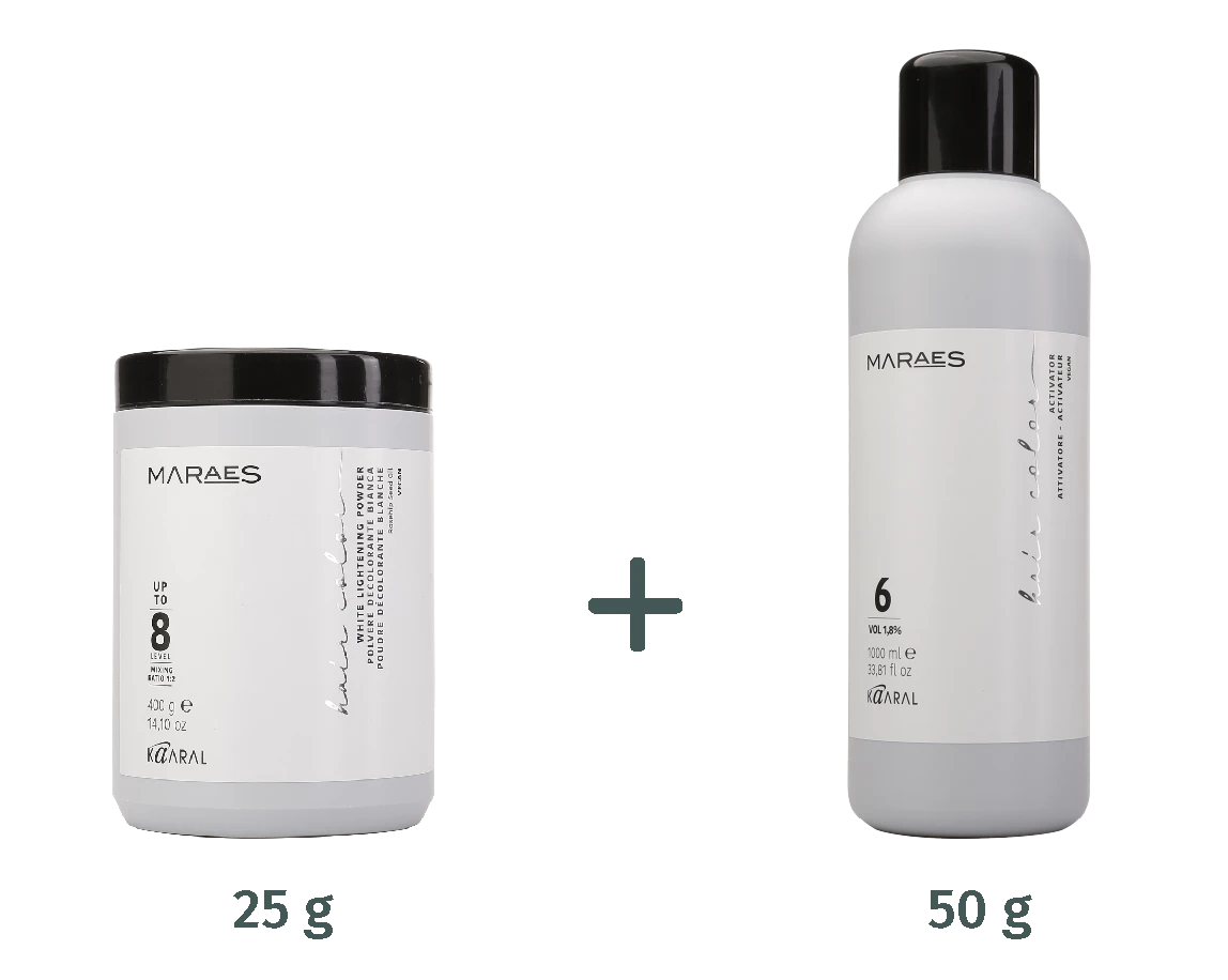 White Maraes lightening powder jar and developer bottle with plus sign and dosage indication 25 g and 50 g on a transparent background