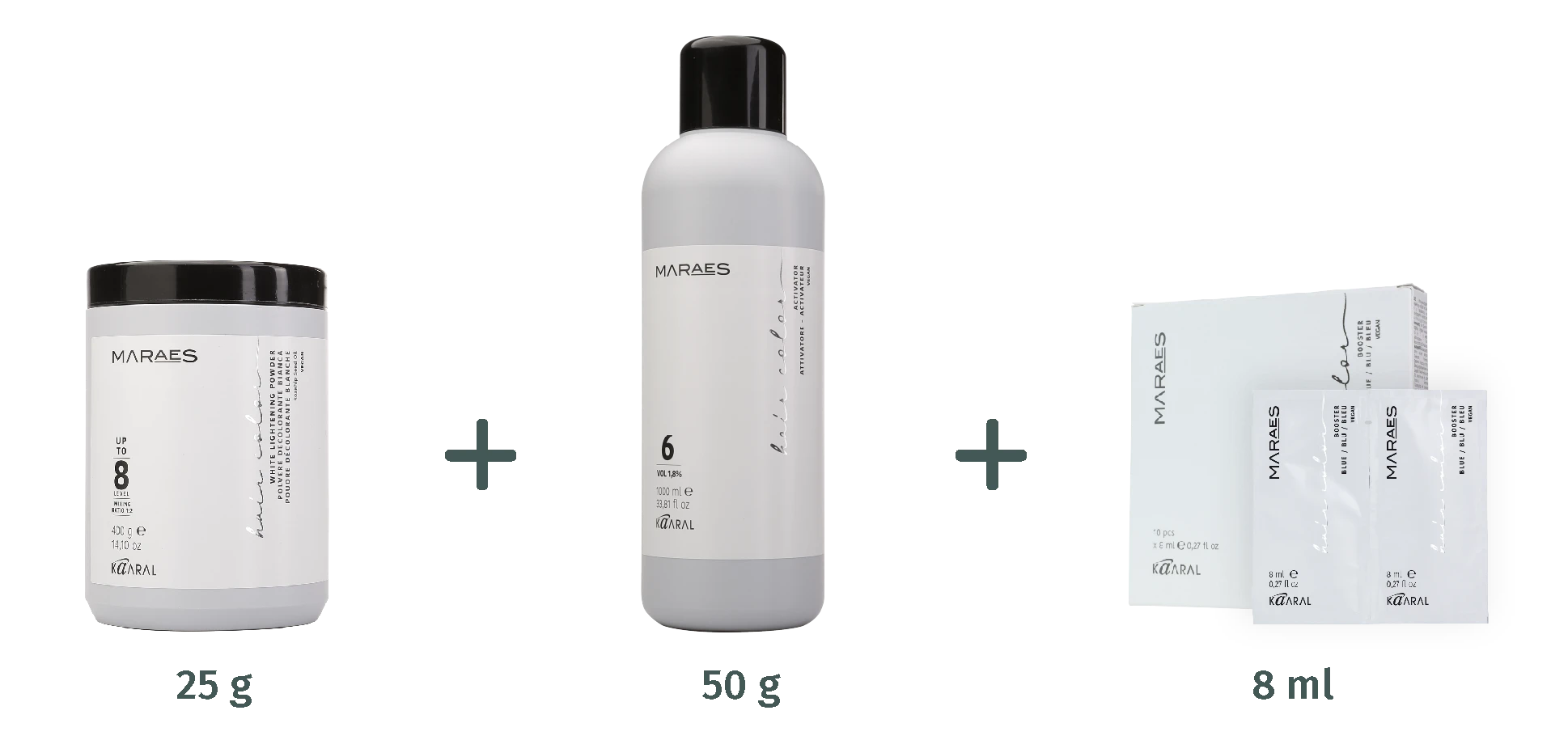 White Maraes lightening powder jar, developer bottle, and booster sachets with plus signs and dosage indications 25 g, 50 g, and 8 ml on a transparent background