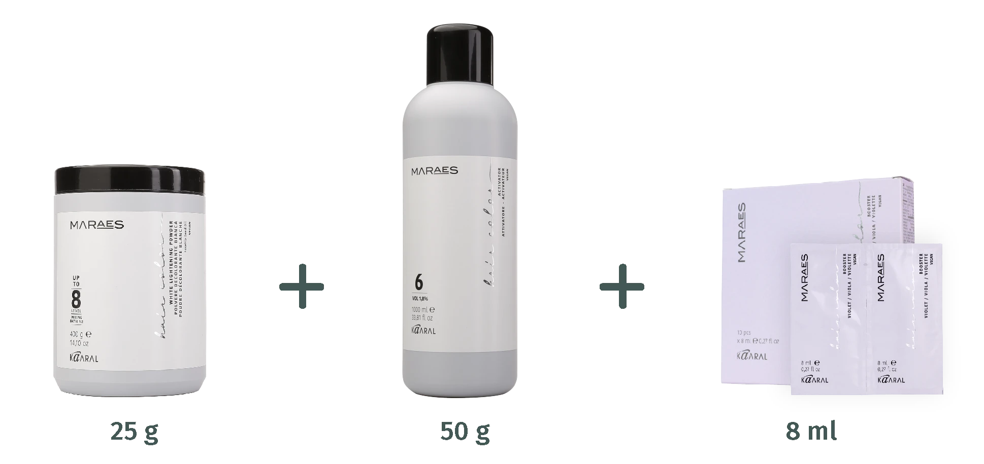 White Maraes lightening powder jar, developer bottle, and violet booster sachets with plus signs and dosage indications 25 g, 50 g, and 8 ml on a transparent background