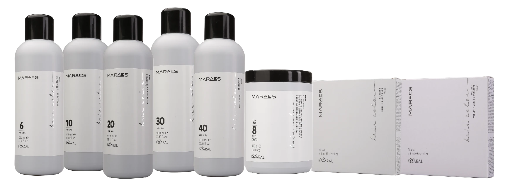 Maraes lightening system product lineup with five developer bottles, one powder jar, and booster boxes on a transparent background