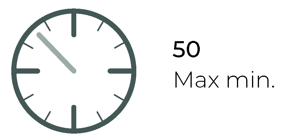Green clock icon with hour and minute hands next to text reading 50 Max min on a transparent background