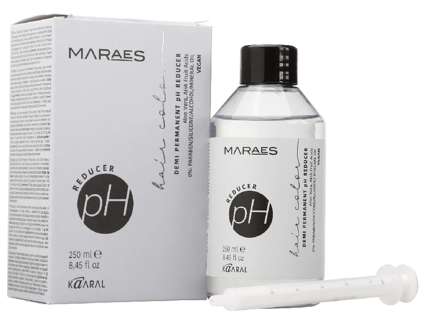 MARAES pH reducer product with white box and transparent bottle with black cap, accompanied by a plastic applicator syringe on a transparent background.
