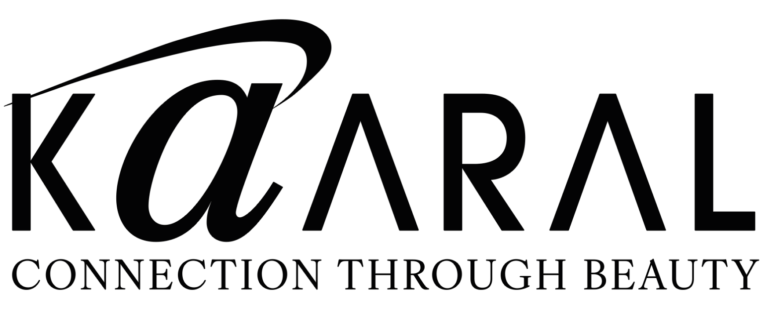 Black Kaaral logo with stylized lowercase “a” and the text “CONNECTION THROUGH BEAUTY” on a transparent background.