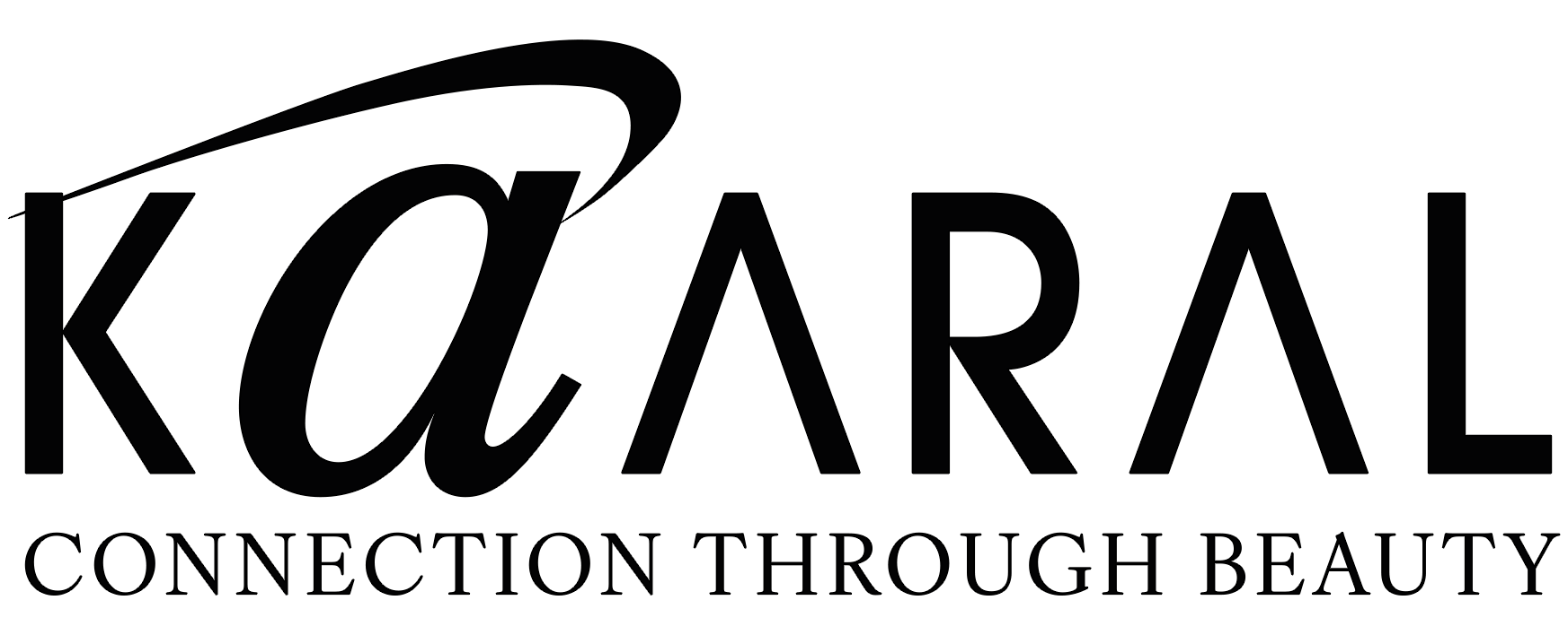 Black Kaaral logo with stylized lowercase “a” and the text “CONNECTION THROUGH BEAUTY” on a transparent background.