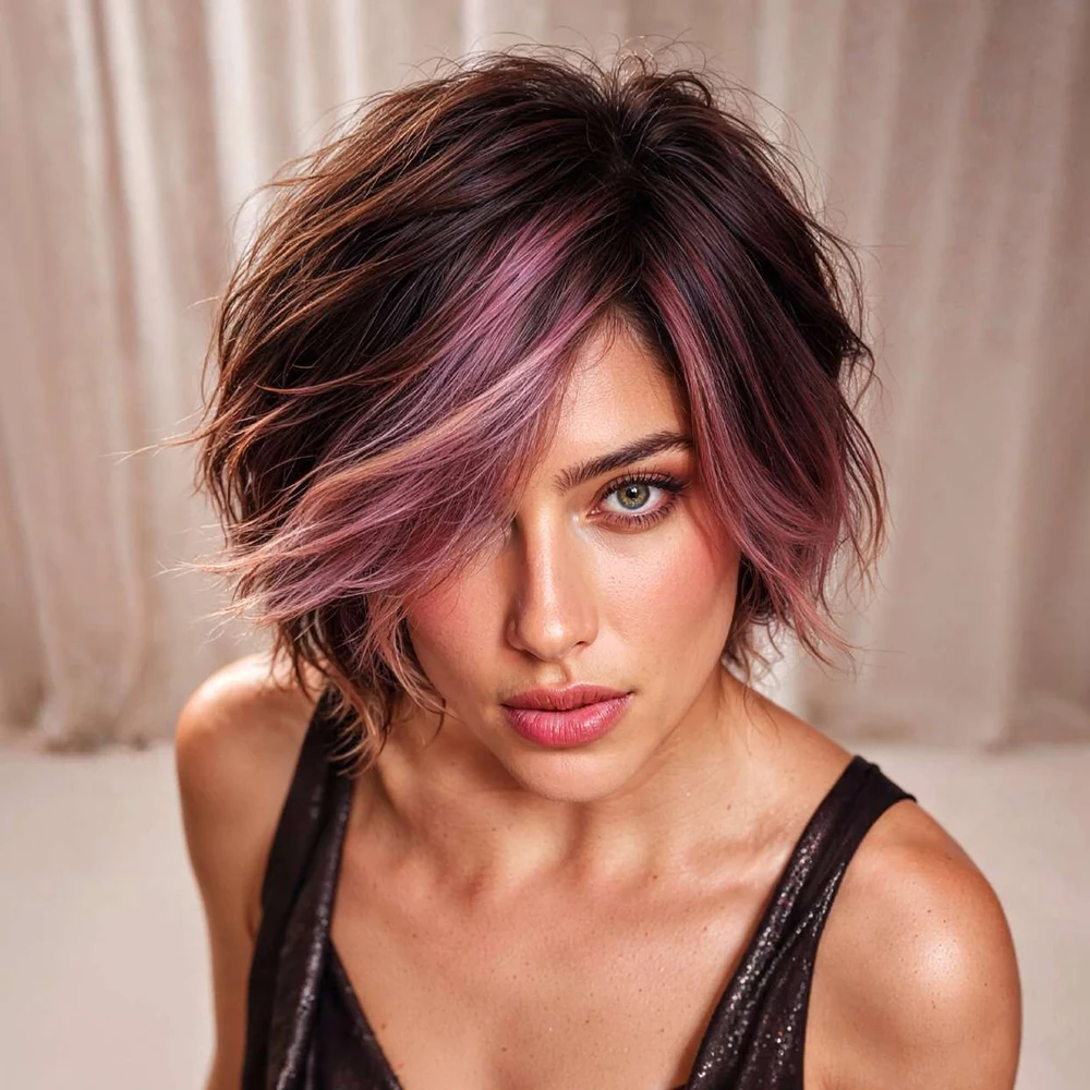 Model with a short dark layered bob and pink-purple streaks wears a black sleeveless top against pale curtains.