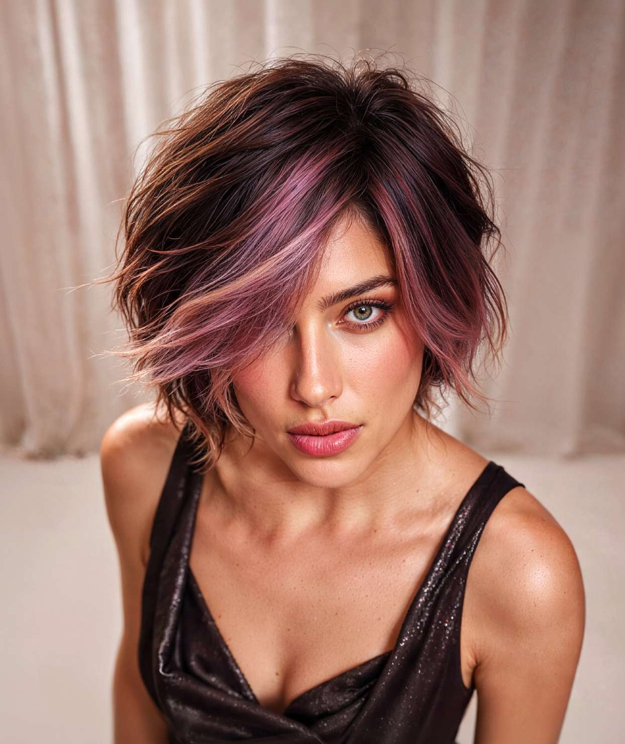 Model with a short layered brown hairstyle and pink-lilac highlights in front of beige curtains.